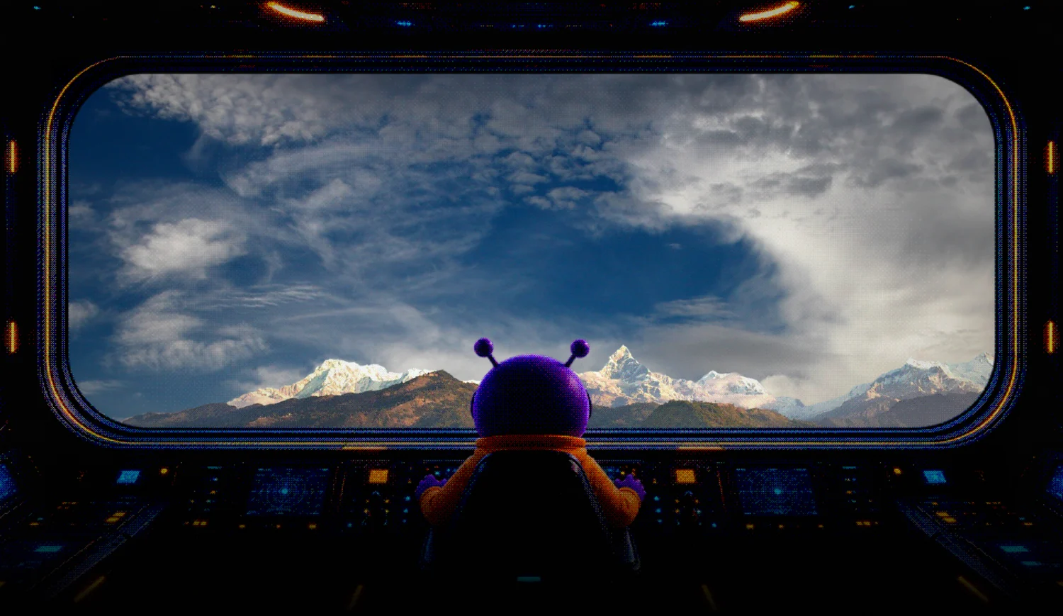 Purple Circle Version 3, a Think Purple design event in Pokhara, Nepal: Orbsy at the controls of a spacecraft, looking out at the Annapurna range